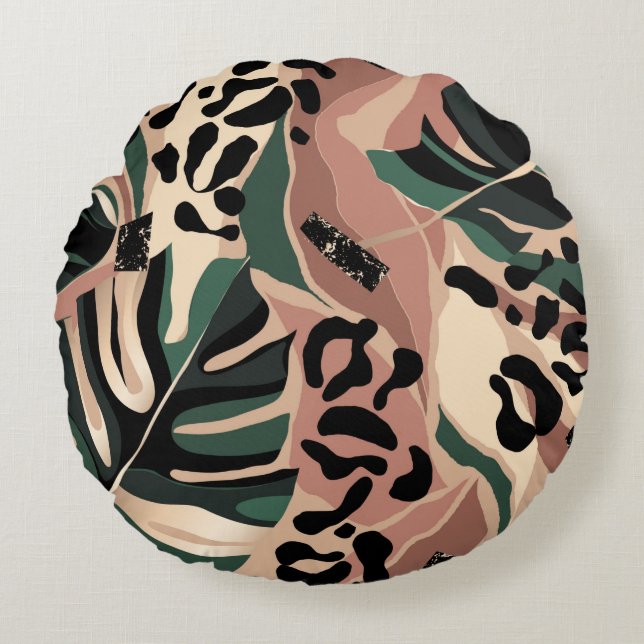 Modern exotisk mönster med leopard hud. Kreativ  Rund Kudde (Framsidan)