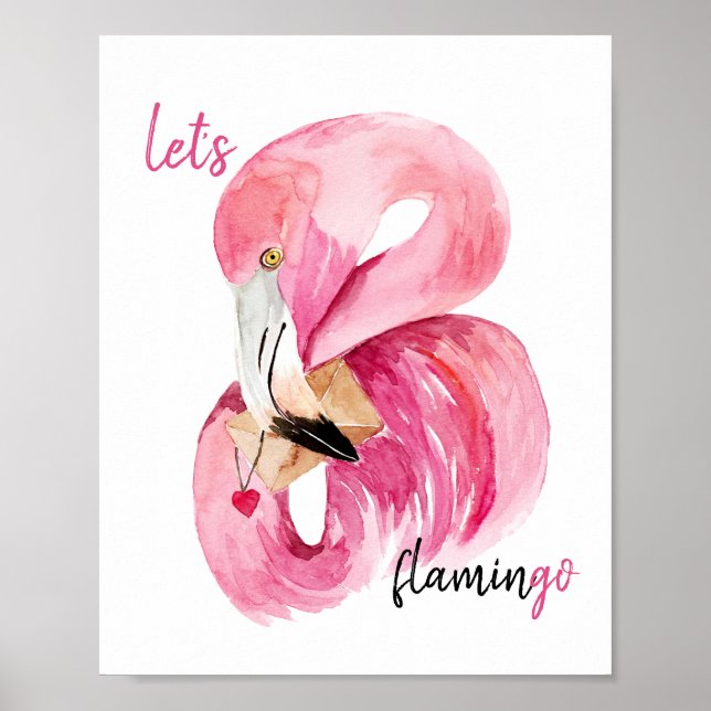 Modern Exotisk Rosa Let's Flamingo Watercolor   Poster (Framsidan)