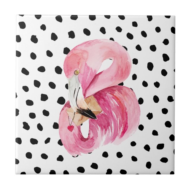 Modern exotisk Rosa Watercolor Flamingo & Dots Kakelplatta (Framsidan)
