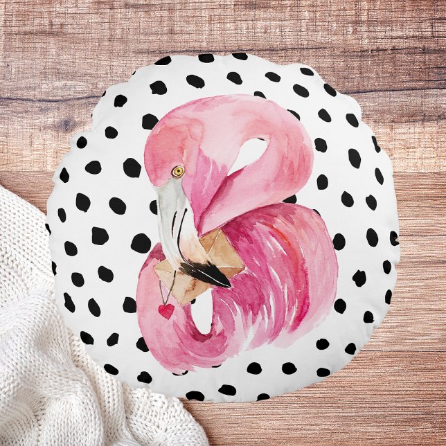 Modern exotisk Rosa Watercolor Flamingo & Dots Rund Kudde (Skapare uppladdad)