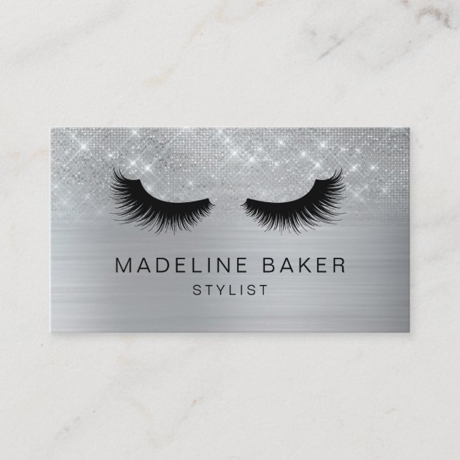 Modern Eyelash Makeup Silver Glitter Lash Lash Las Visitkort (Framsida)