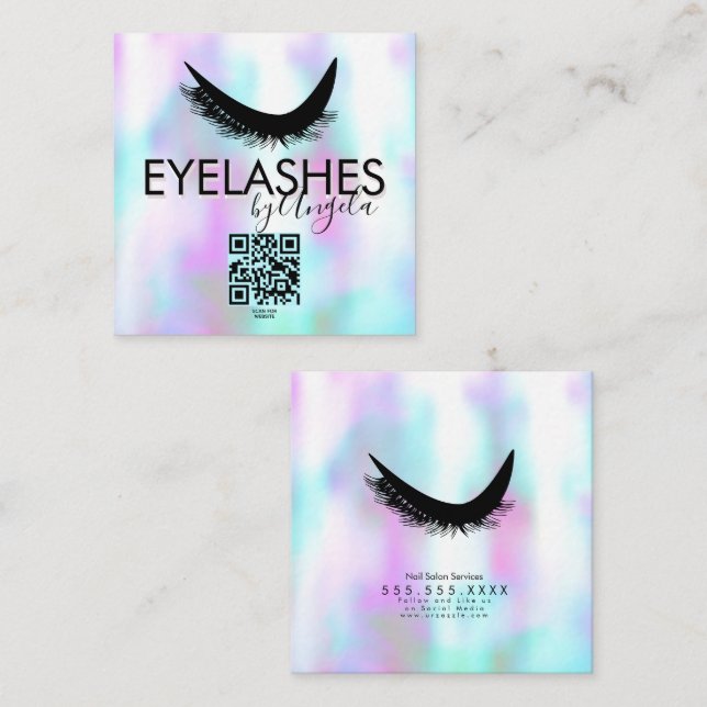 Modern Eyelash Salon Beauty Faux Hologragrafiskt Fyrkantigt Visitkort (Fram/baksida)