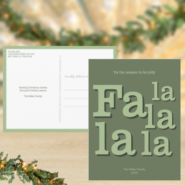 Modern Fa La Grön Enkel Minimal Jul Vykort (Personalize your own Christmas postcards in sage green)