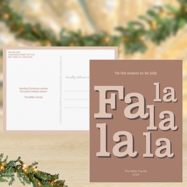 Modern Fa La Mocha enkel minimal jul Vykort (Earthy colors for Christmas, mocha brown, and bold typography equals fun holiday postcards)