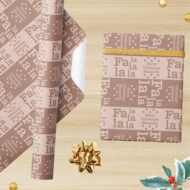 Modern Fa La Mocha Simple jul Add Namn Presentpapper (Create your own personalized Christmas wrapping paper in organic earthy colors of brown and tan)