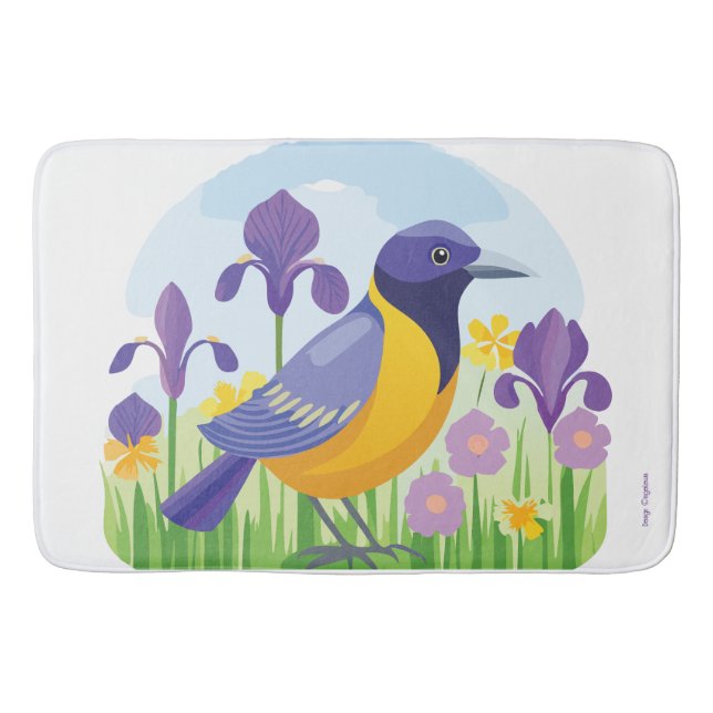 Modern fågel med Blommönstret Iris Flower Badrumsmatta (Framsidan)