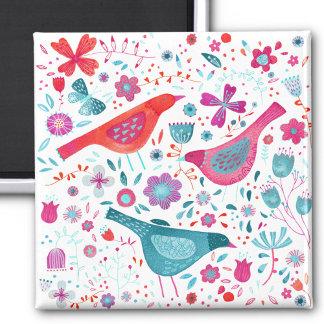 Modern fågelfärg i Blommigten Vattenfärg Magnet