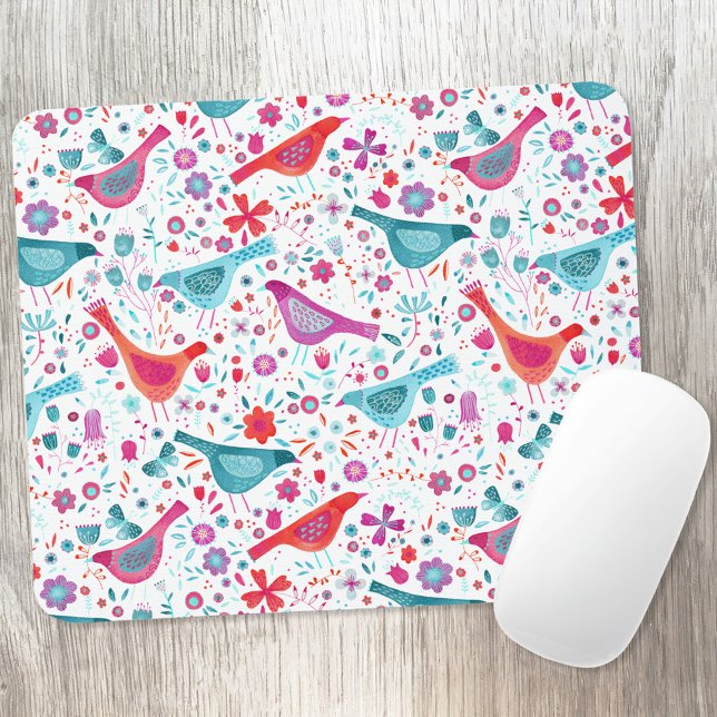 Modern fågelfärg i Blommigten Vattenfärg Musmatta (Watercolor bird and flower pattern art mousemat)