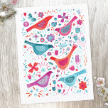 Modern fågelfärg i Blommigten Vattenfärg Vykort<br><div class="desc">Moderna och contemporary vattenfärgsfåglar och blommor mönster i pulserande grönt,  magentans rosa och röd på vit bakgrund. Originalkonst av Nic Squirrell.</div>