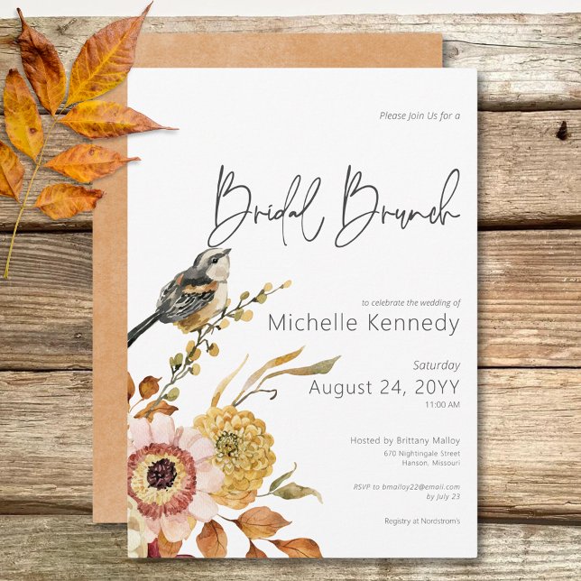 Modern Fall Blommigt & Bird Möhippa Brunch Inbjudningar (Modern Fall Floral & Bird Bridal Brunch Invitation)
