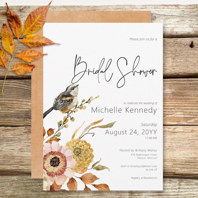 Modern Fall Blommigt & Bird Möhippa Inbjudningar (Modern Fall Floral & Bird Bridal Shower Invitation)