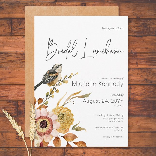 Modern Fall Blommigt & Bird Möhippa Luncheon Inbjudningar (Modern Fall Floral & Bird Bridal Luncheon Invitation)