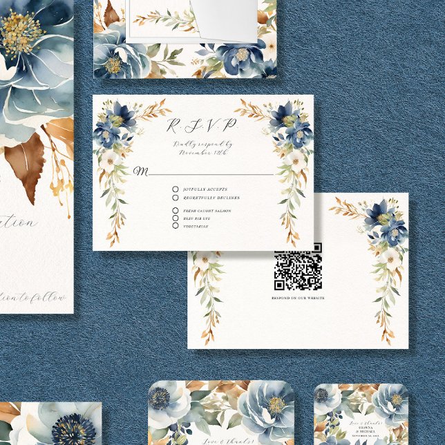 Modern Fall Blommigt Navy Blue Ivory Rust Bröllop OSA Kort (Skapare uppladdad)