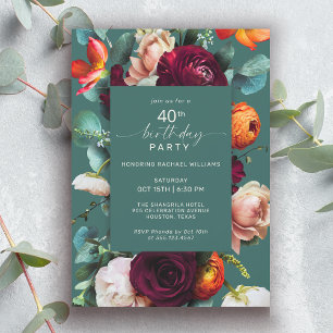 Modern Fall Blommigt Teal 40:e födelsedagen Party Inbjudningar