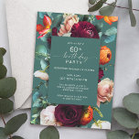 Modern Fall Blommigt Teal 60:e Födelsedagsfesten Inbjudningar<br><div class="desc">En modern fall blommigt födelsedagsfest inbjudan i en med rik juvelton färg palett av teal, burgundröd, rostfri orange och rosa skapar en underbar blommigt gräns kring er text. Dessa färg används ofta från slutet av sommaren till fall och under vintermånaderna. Ett tunt handskrivet skript av typen ansikte spådomar ut på...</div>