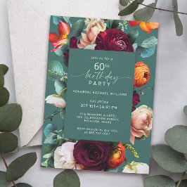 Modern Fall Blommigt Teal 60:e Födelsedagsfesten Inbjudningar