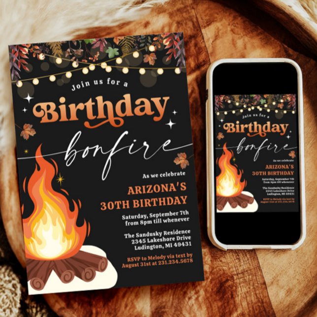Modern Fall Bonfire Birthday, Bonfire Bash Inbjudningar (Modern Fall Bonfire Birthday, Bonfire Bash Invitation)