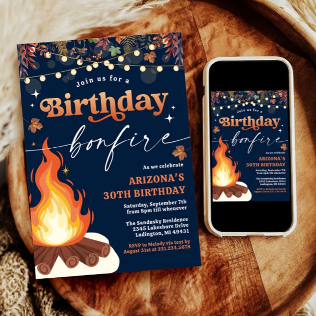 Modern Fall Bonfire Birthday, Bonfire Bash Inbjudningar (Modern Fall Bonfire Birthday, Bonfire Bash Invitation)