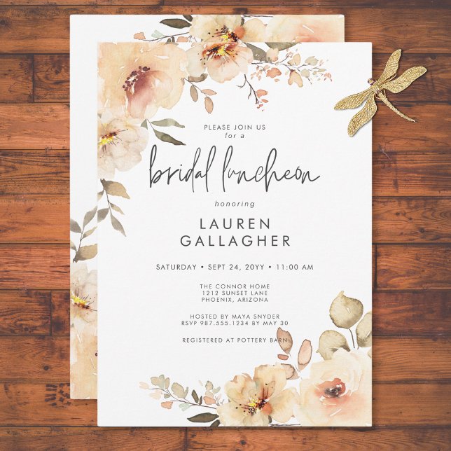 Modern Fall Champagne Blommigt Ram Möhippa Luncheo Inbjudningar (Modern Fall Champagne Floral Frame Bridal Luncheon Invitation)