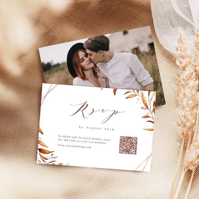 Modern Fall Geometric Rustic Bröllop QR kod OSA Kort (Modern Fall Geometric Rustic Wedding QR code RSVP Card)