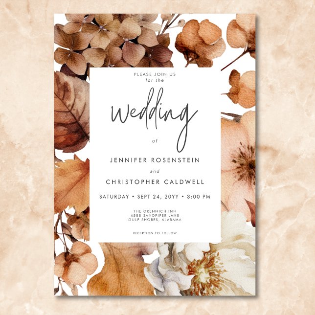Modern Fall Neutralt Blommigt Ram Bröllop Inbjudningar (Modern Fall Neutral Floral Frame Wedding)