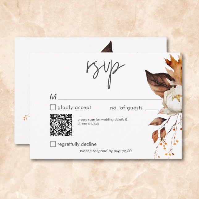 Modern Fall Neutralt Blommigt Ram Bröllop QR-kod OSA Kort (Modern Fall Neutral Floral Frame Wedding QR Code RSVP Card)
