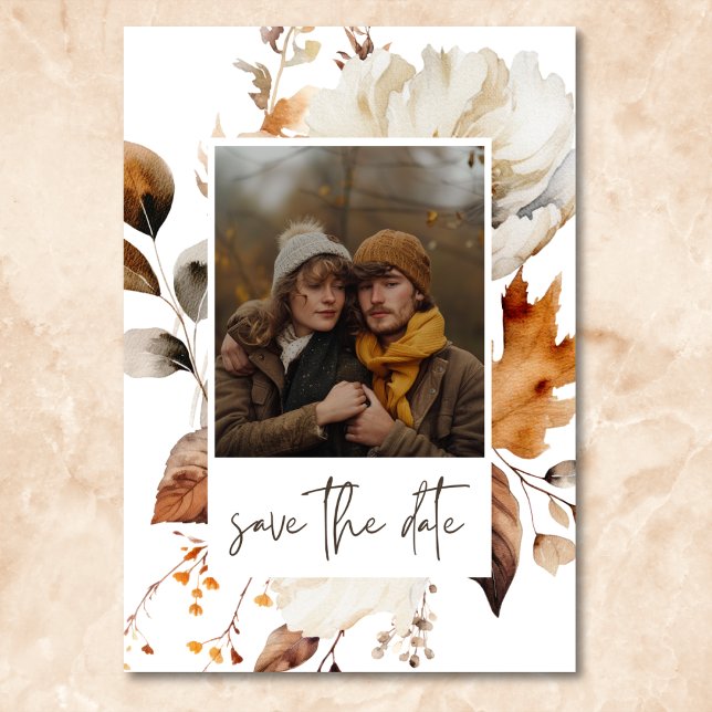 Modern Fall Neutralt Blommigt Ram Bröllop Spara Datumet (Modern Fall Neutral Floral Frame Wedding Save The Date)