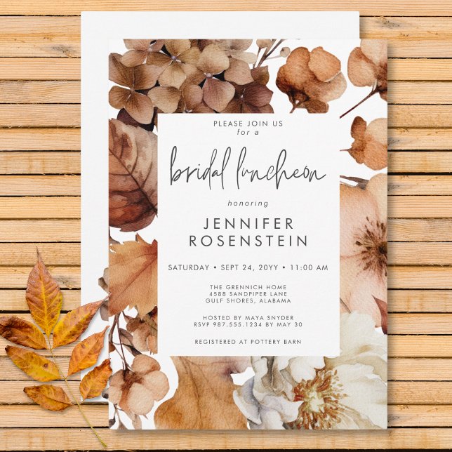 Modern Fall Neutralt Blommigt Ram Möhippa Luncheon Inbjudningar (Modern Fall Neutral Floral Frame Bridal Luncheon Invitation)