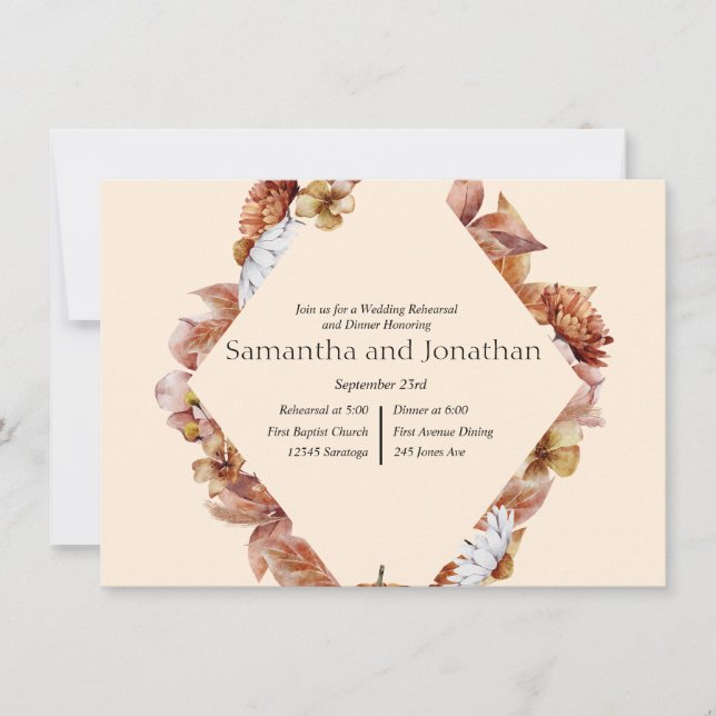 Modern Fall Orange BOHO Bröllop Rehearsal Middag Inbjudningar (Framsida)