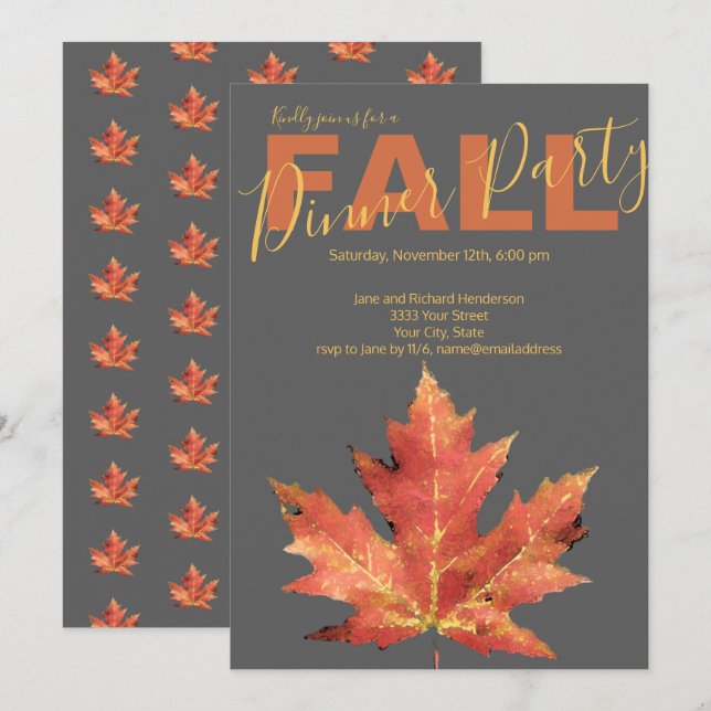 Modern Fall Orange Grått Dinner Party-inbjudan Inbjudningar (Fram/baksida)