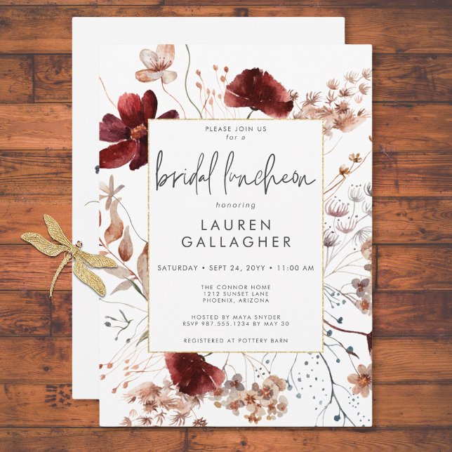 Modern Fall Rust Wildblomma Ram Möhippa Luncheon Inbjudningar (Modern Fall Rust Wildflower Frame Bridal Luncheon Invitation)