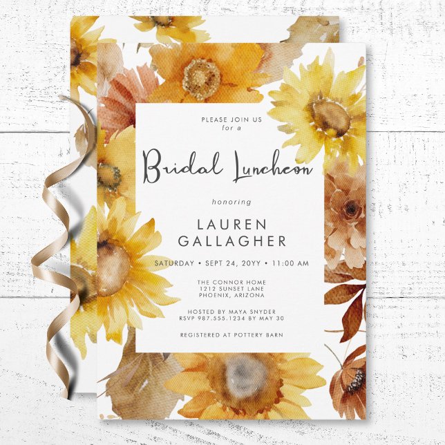 Modern Fall-solrosblomman Blommigt Ram Möhippa Lun Inbjudningar (Modern Fall Sunflower Floral Frame Bridal Luncheon Invitation)