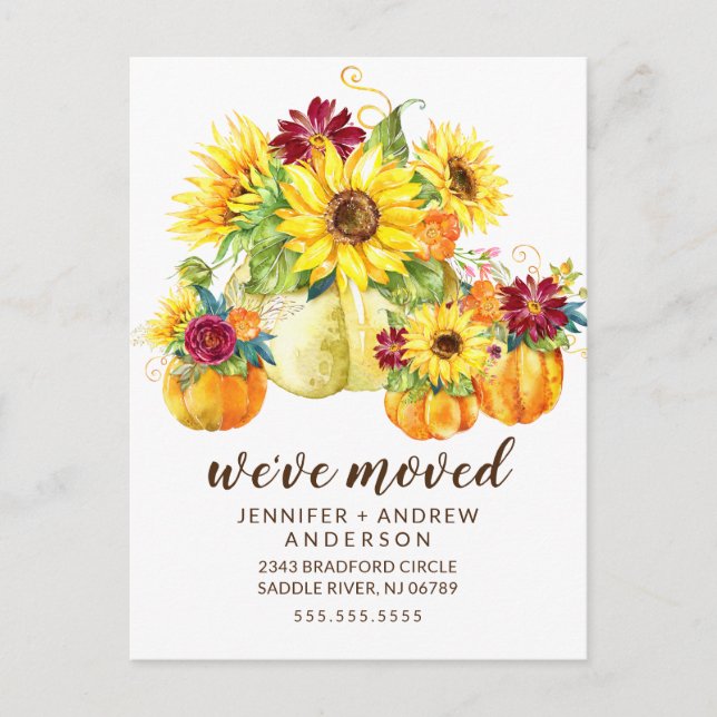 Modern Fall Sunblommor Pumpkin Flytta Announement Meddelande Vykort (Framsida)