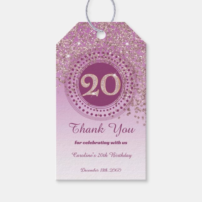 Modern Fallande Roséguld Glitter 20-årsdag Presentetikett (Framsidan)