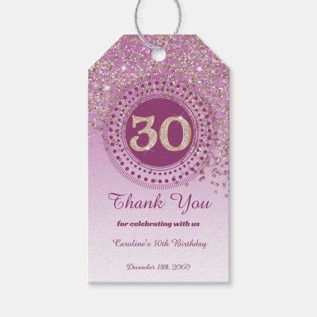 Modern Fallande Roséguld Glitter 30-årsdag Presentetikett (Framsidan)