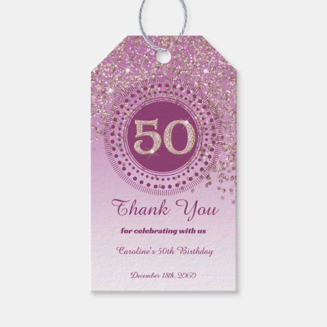 Modern Fallande Roséguld Glitter 50-årsdag Presentetikett (Framsidan)