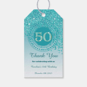 Modern Fallande Tealblå Glitter 50-årsdag Presentetikett