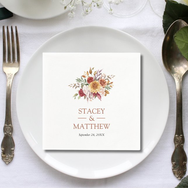Modern Fallbohemisk blomsterterrakotta bröllop Pappersservett (Modern fall bohemian floral terracotta wedding napkins add warm seasonal charm to receptions.)