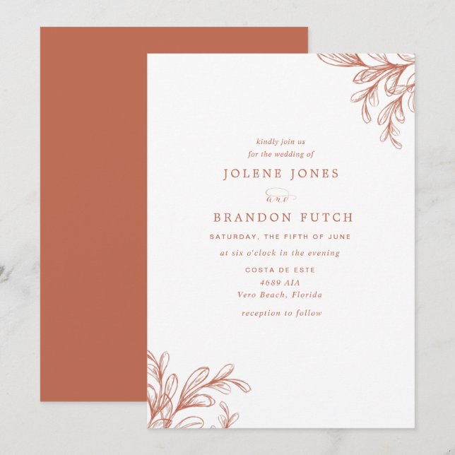 Modern fallbränd Orange Bröllop Inbjudningar (Fram/baksida)