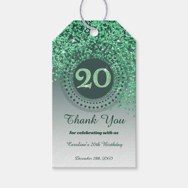 Modern Falling Green Glitter 20th Birthday Presentetikett (Framsidan)
