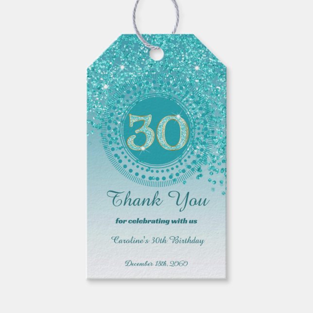 Modern Falling Teal Blue Glitter 30th Birthday Presentetikett (Framsidan)