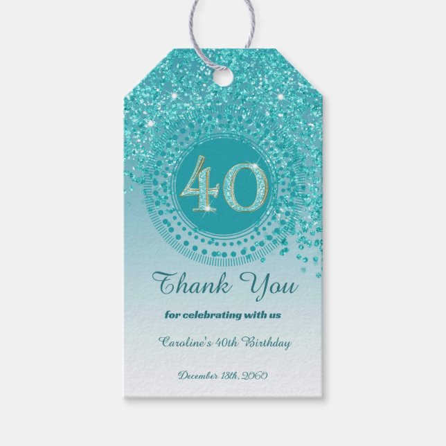 Modern Falling Teal Blue Glitter 40:e födelsedag Presentetikett (Framsidan)