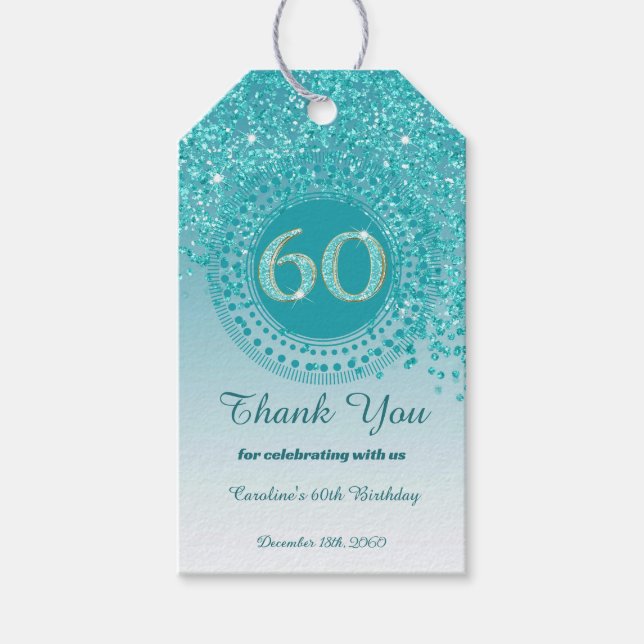 Modern Falling Teal Blue Glitter 60:e födelsedag Presentetikett (Framsidan)