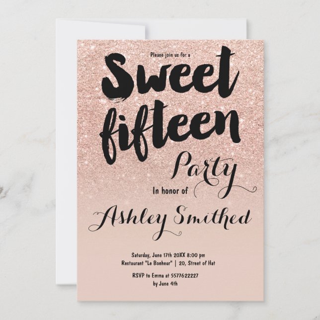 Modern fals roséguld glitter typografi Sweet 15 Inbjudningar (Framsida)