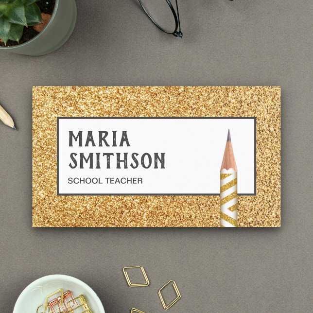 Modern Falsk Guld Glitter Penna Skollärare Visitkort (Skapare uppladdad)