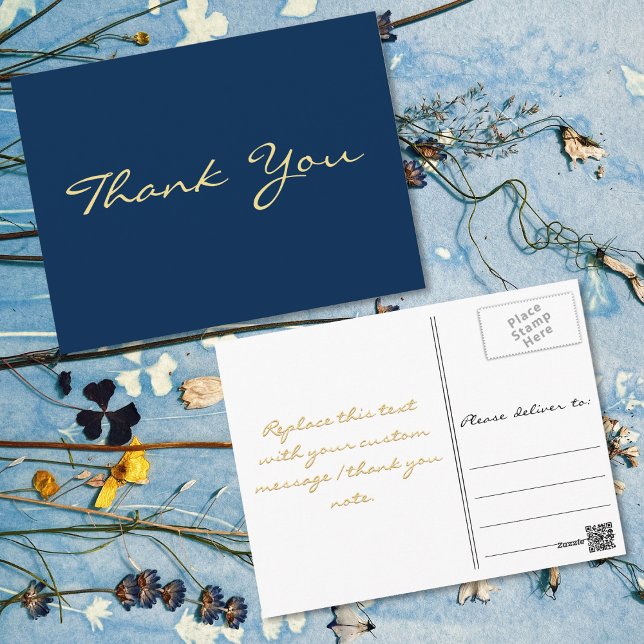 Modern Falsk Guld Skrift Blå Examen Tack Vykort (Modern Faux Gold Script Blue Graduation Thank You Postcard)