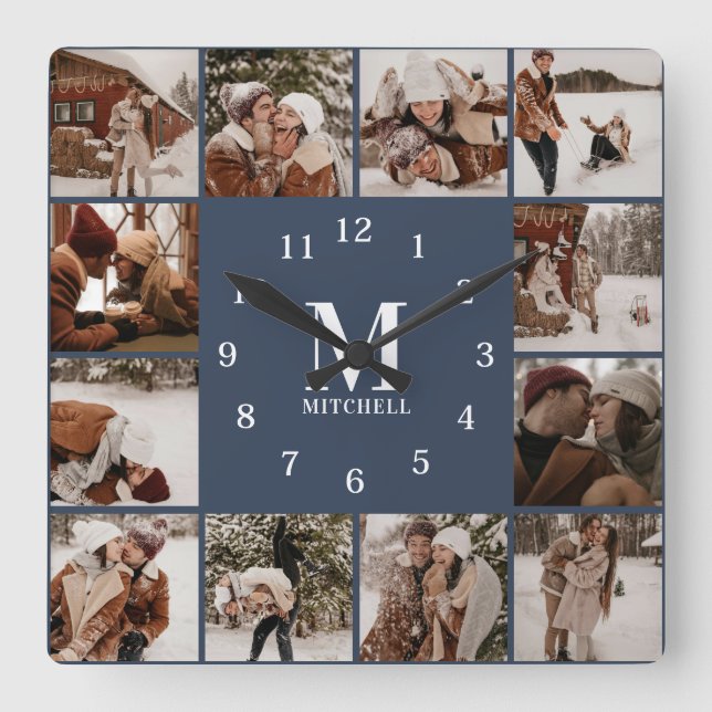 Modern familj, 12 - fotokollage, marinblå marinblå fyrkantig klocka (Framsida)