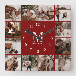 Modern familj 12 fotokollage | Monogram Keepsaké Fyrkantig Klocka