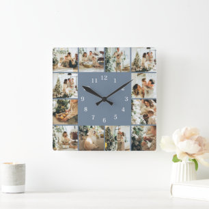 Modern familj 12 Photo Collage Dusty Blue Keepsaky Fyrkantig Klocka