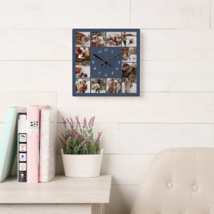 Modern familj 12 Photo Collage Navy Blue Keepsak Fyrkantig Klocka